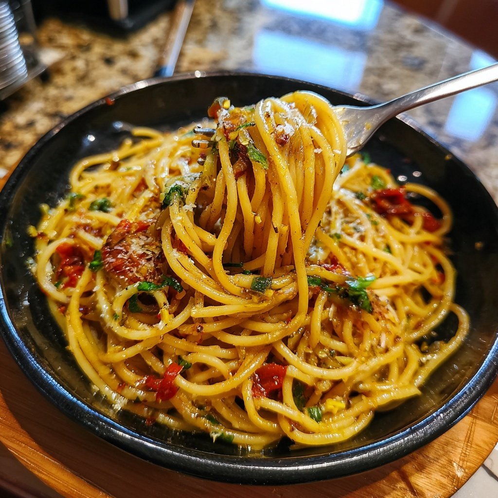 Spaghetti mit Chili und Knoblauchöl