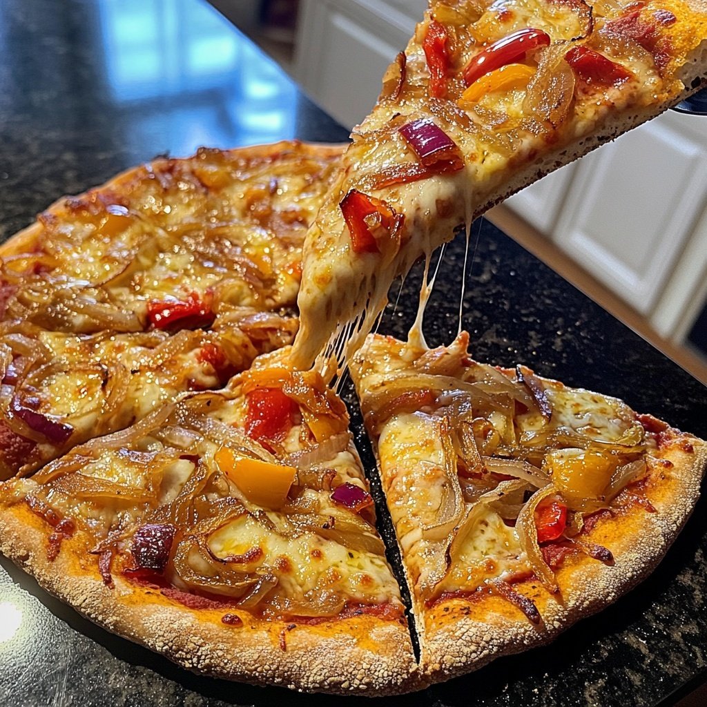 Pizza mit Zwiebeln und Paprika